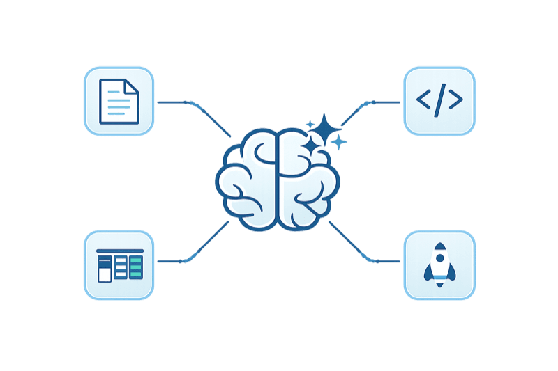 AI brain at center connected to requirements, code, kanban board, and deployment surfaces