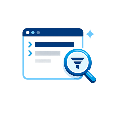 Terminal window with search and filter magnifying glass